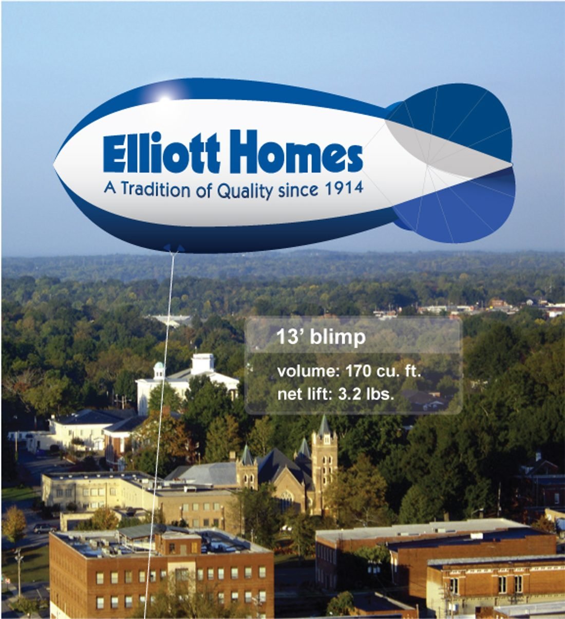 Elliott Homes advertising blimp flying over a community